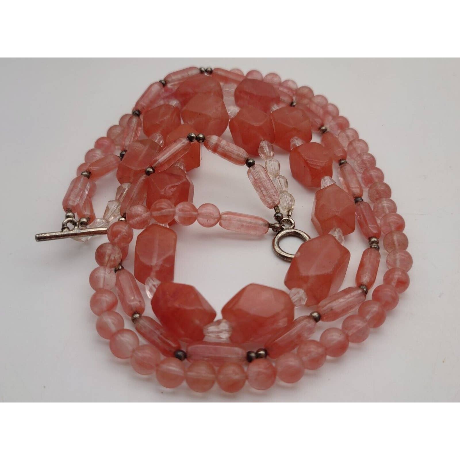 Cherry Quartz Watermelon Quartz Necklace Triple Strand Silvertone Metal